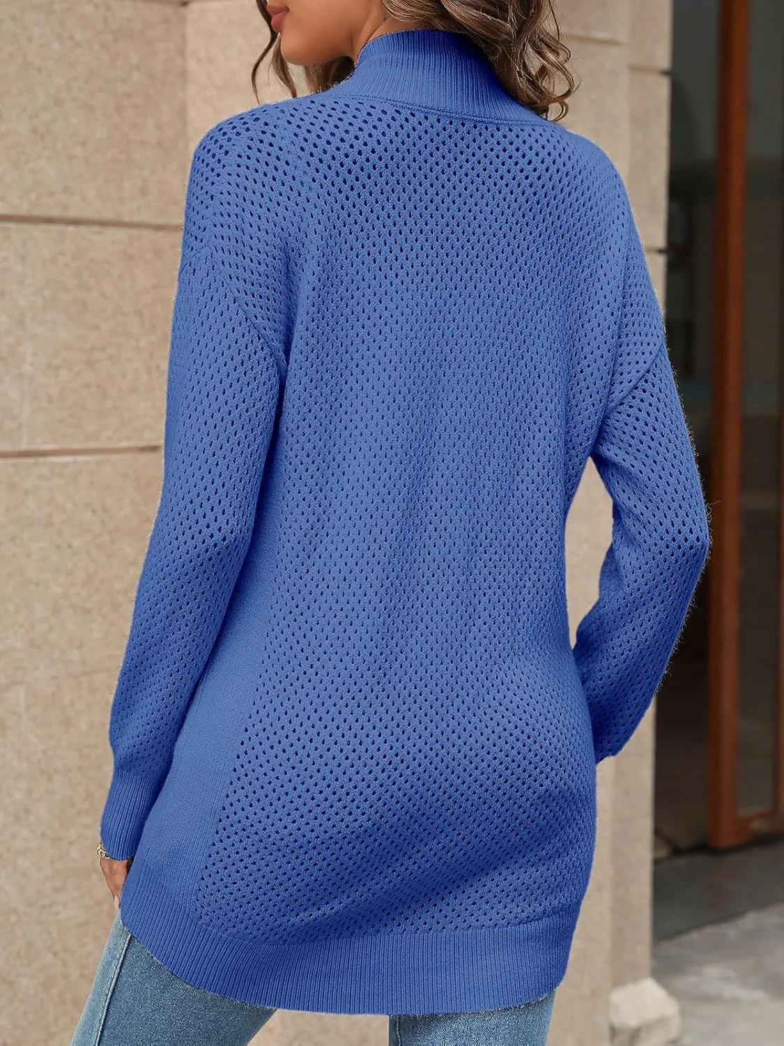 Women's Turtleneck Zip Up Cardigan Sweaters Oversized Drop Shoulder Long Sleeve Casual Solid Mesh Knit Jumper Tops