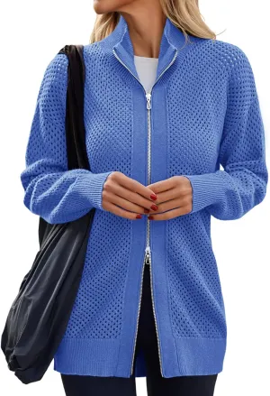 Women's Turtleneck Zip Up Cardigan Sweaters Oversized Drop Shoulder Long Sleeve Casual Solid Mesh Knit Jumper Tops