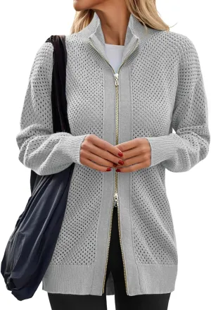 Women's Turtleneck Zip Up Cardigan Sweaters Oversized Drop Shoulder Long Sleeve Casual Solid Mesh Knit Jumper Tops