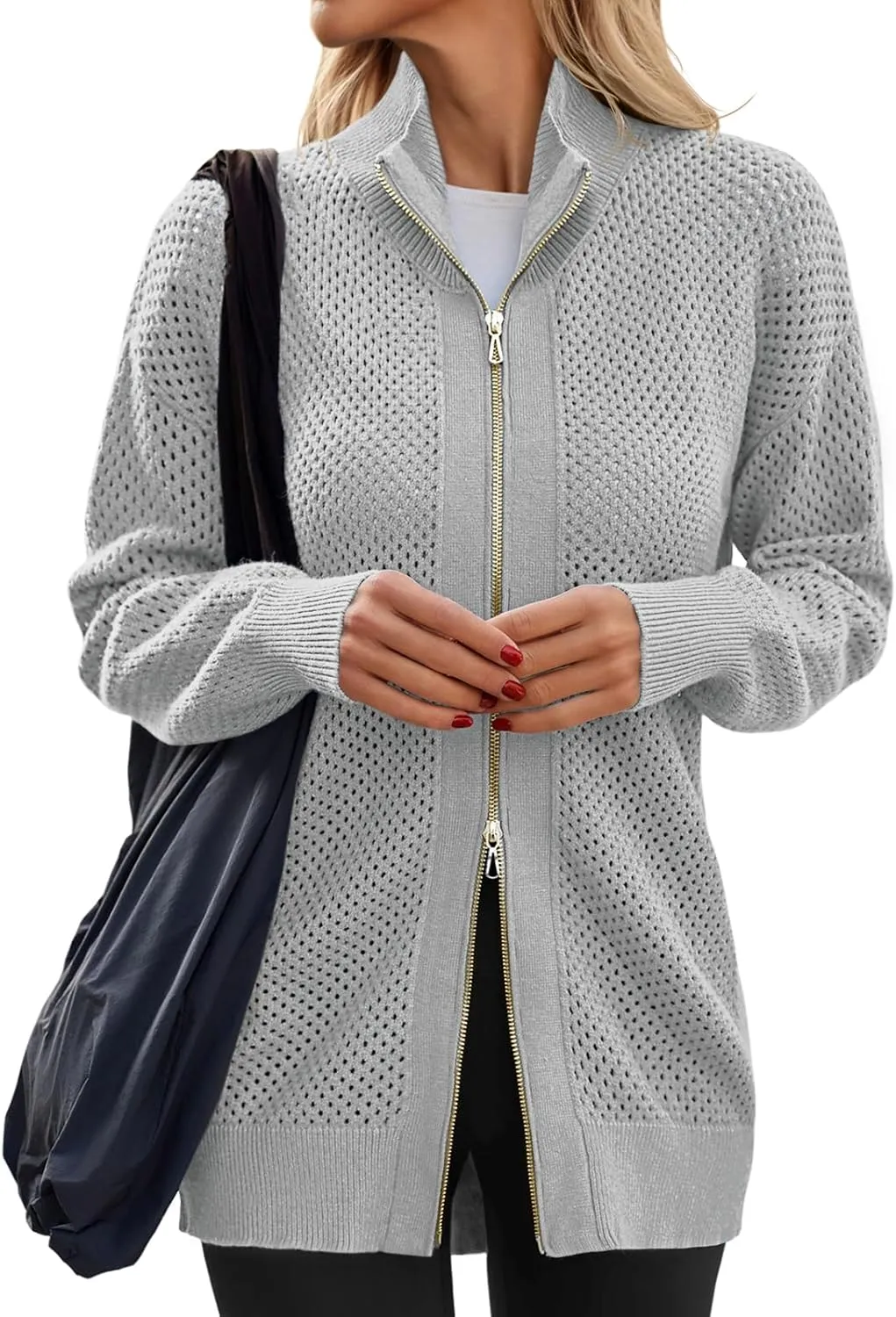 Women's Turtleneck Zip Up Cardigan Sweaters Oversized Drop Shoulder Long Sleeve Casual Solid Mesh Knit Jumper Tops