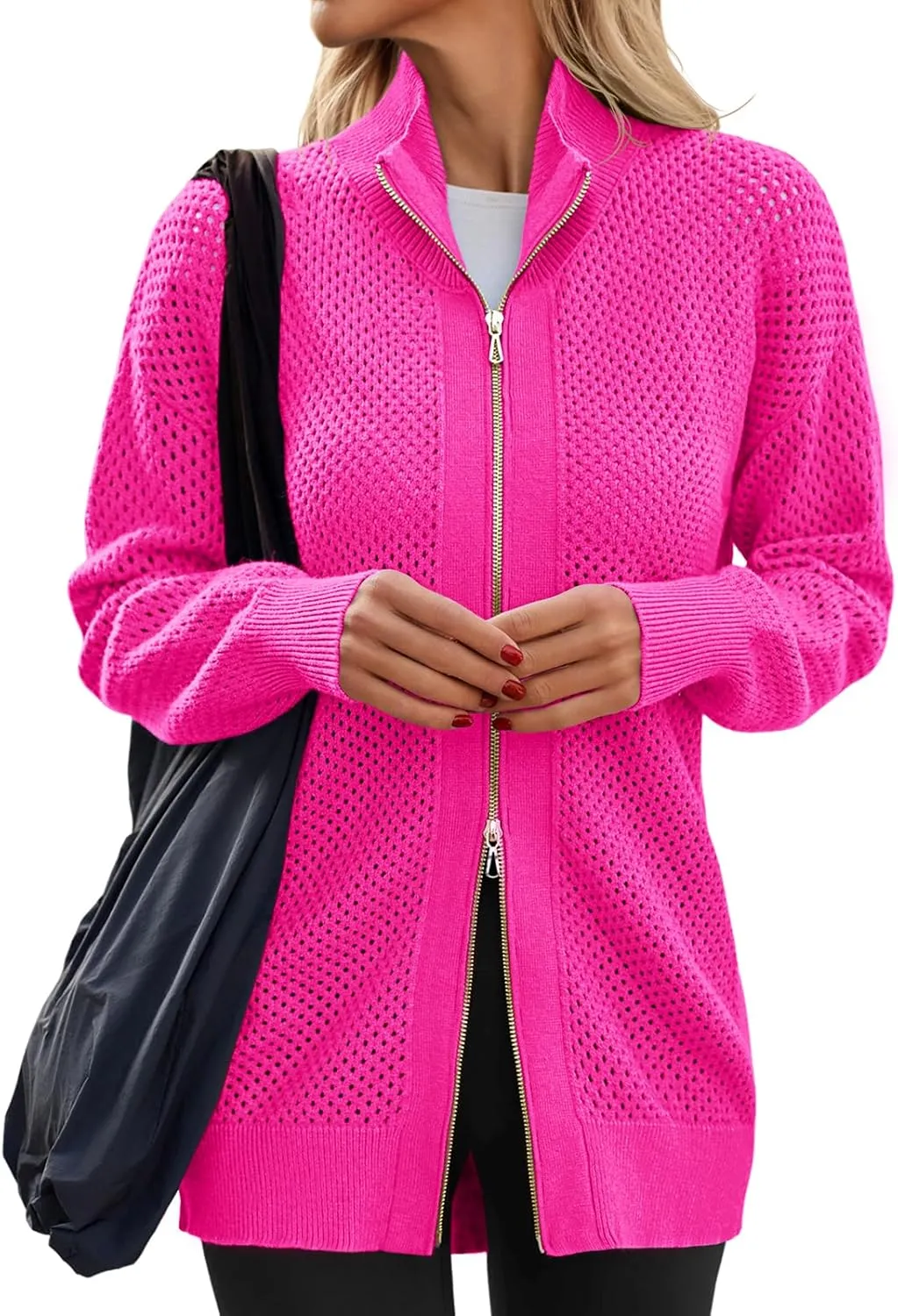 Women's Turtleneck Zip Up Cardigan Sweaters Oversized Drop Shoulder Long Sleeve Casual Solid Mesh Knit Jumper Tops