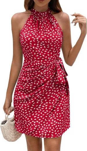 Women's Wedding Guest Dress Wrap V Neck Tiered Belted Short Flared Sleeve Boho Floral Print Dress for Graduation