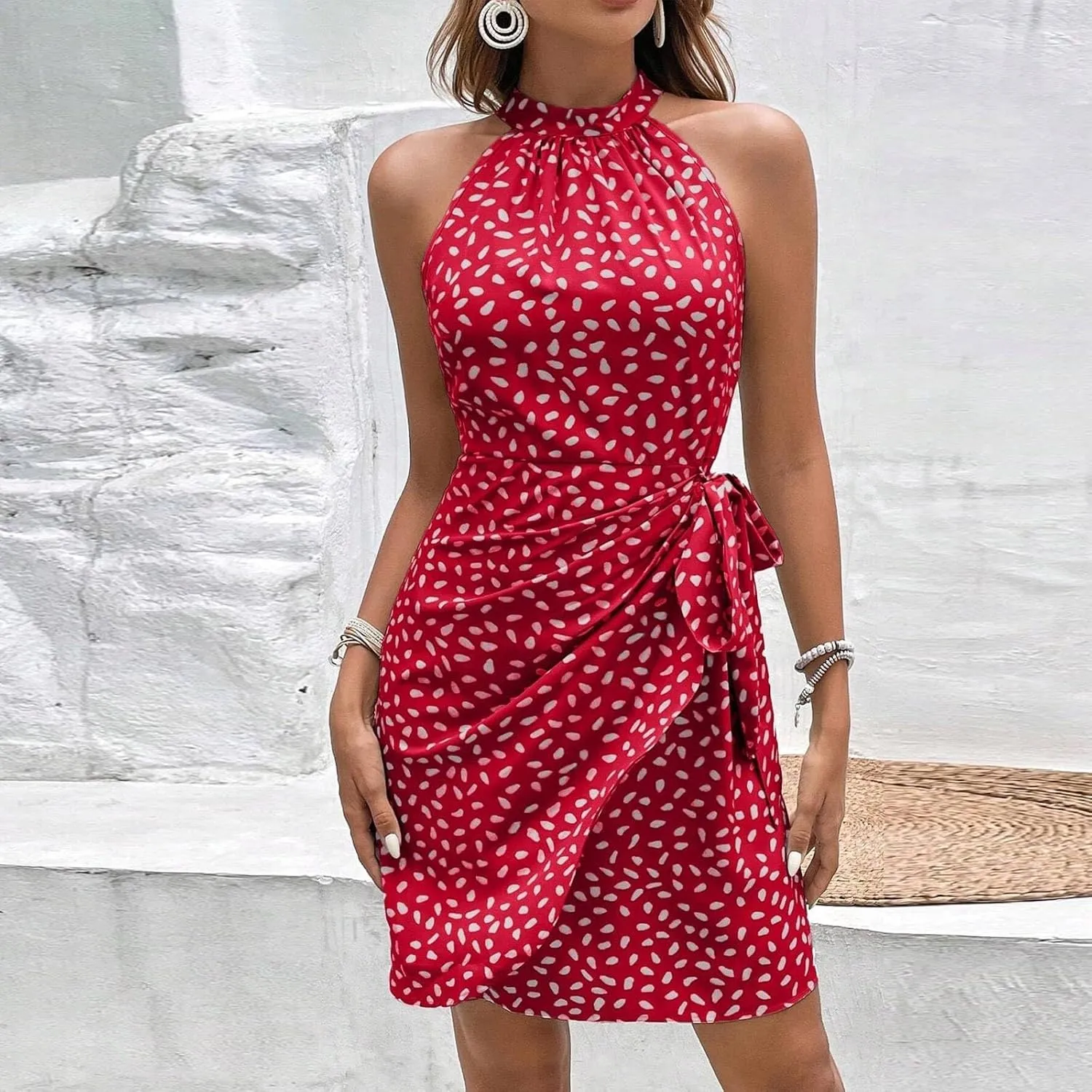 Women's Wedding Guest Dress Wrap V Neck Tiered Belted Short Flared Sleeve Boho Floral Print Dress for Graduation