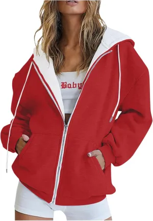 Womens Zip Up Hoodies Oversized Long Sleeve Sweatshirts Casual Hoodie 2025 Fall Jacket with Pockets Sweaters
