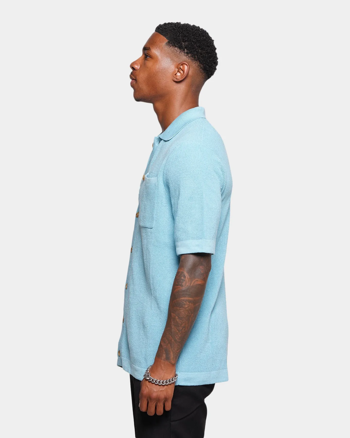XXIII Zyair Knit Rib Button Up T-Shirt Pale Blue