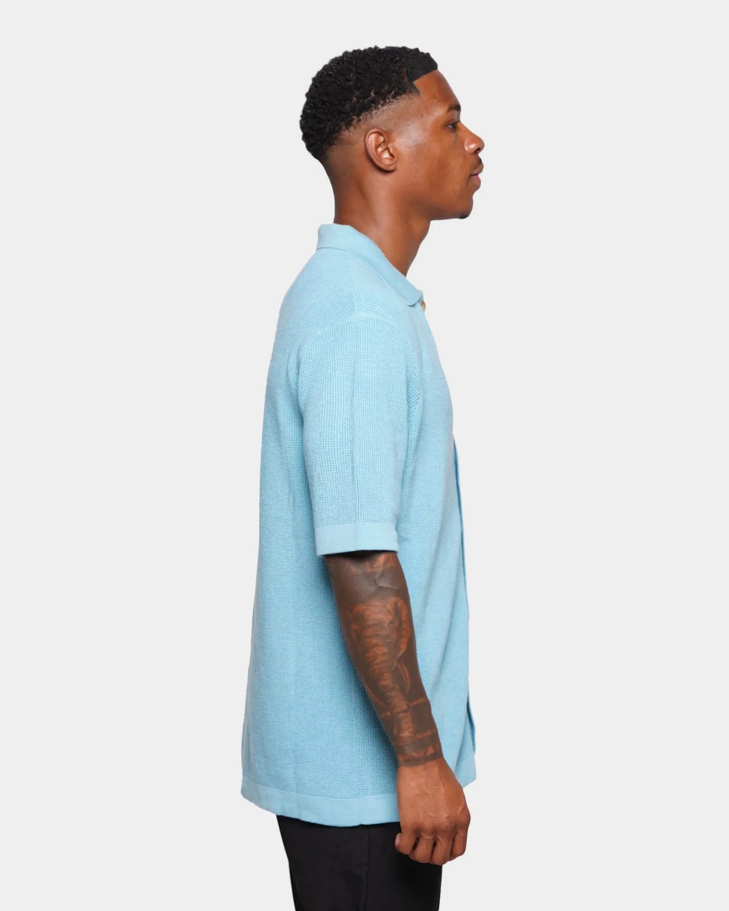XXIII Zyair Knit Rib Button Up T-Shirt Pale Blue
