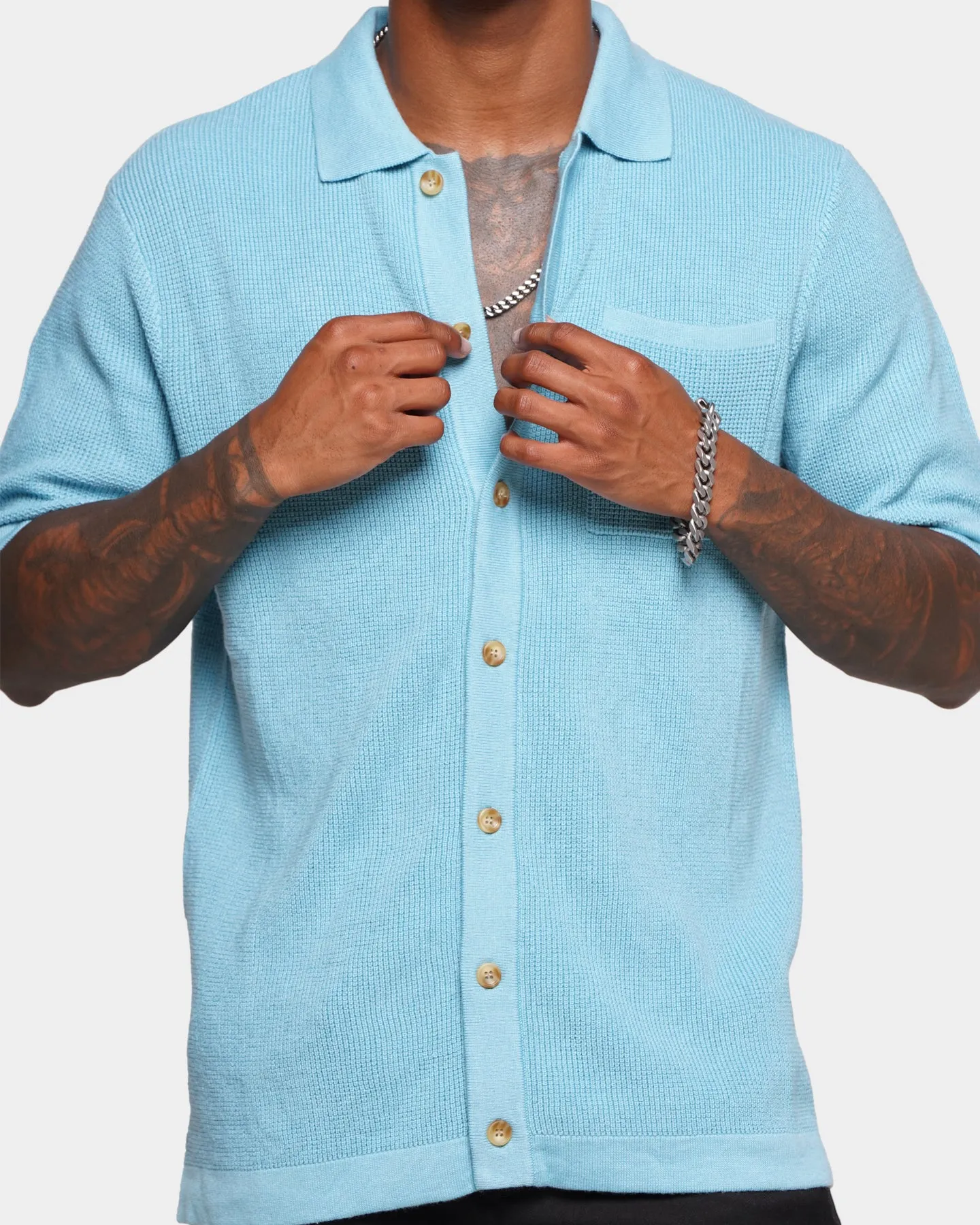 XXIII Zyair Knit Rib Button Up T-Shirt Pale Blue