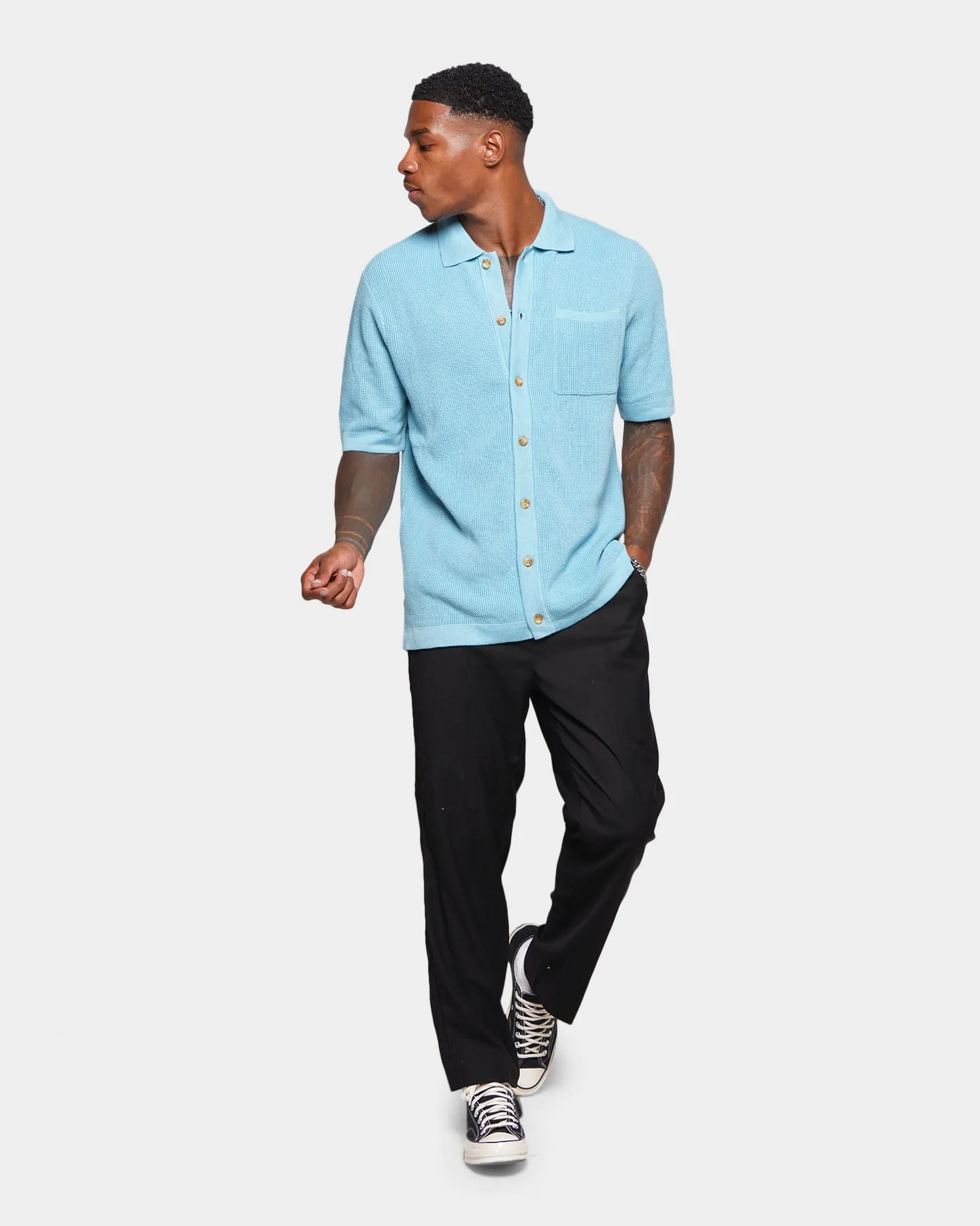 XXIII Zyair Knit Rib Button Up T-Shirt Pale Blue