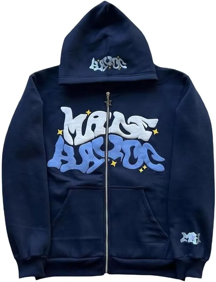 Y2K Zip Up Hoodies Puff Print Grunge Graphic Jackets Hip Hop Streetwear Sweatshirts Unisex