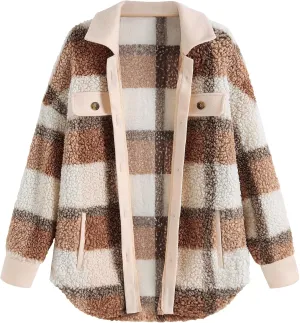 ZAFUL Women's Plaid Fleece Lined Hooded Jacket Button Up Oversized Fuzzy Coat Checkered Flannel Hoodie Jacket