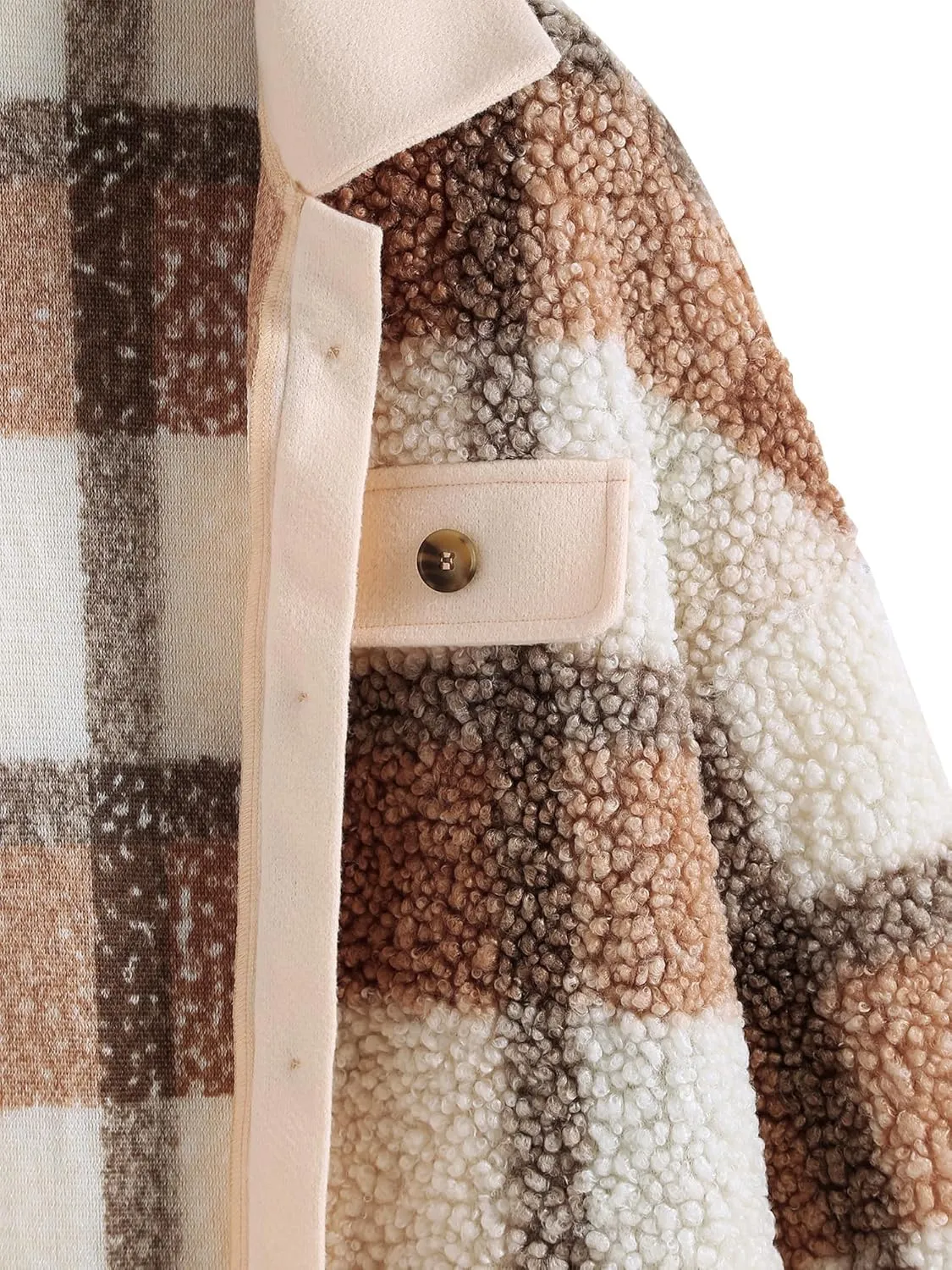 ZAFUL Women's Plaid Fleece Lined Hooded Jacket Button Up Oversized Fuzzy Coat Checkered Flannel Hoodie Jacket