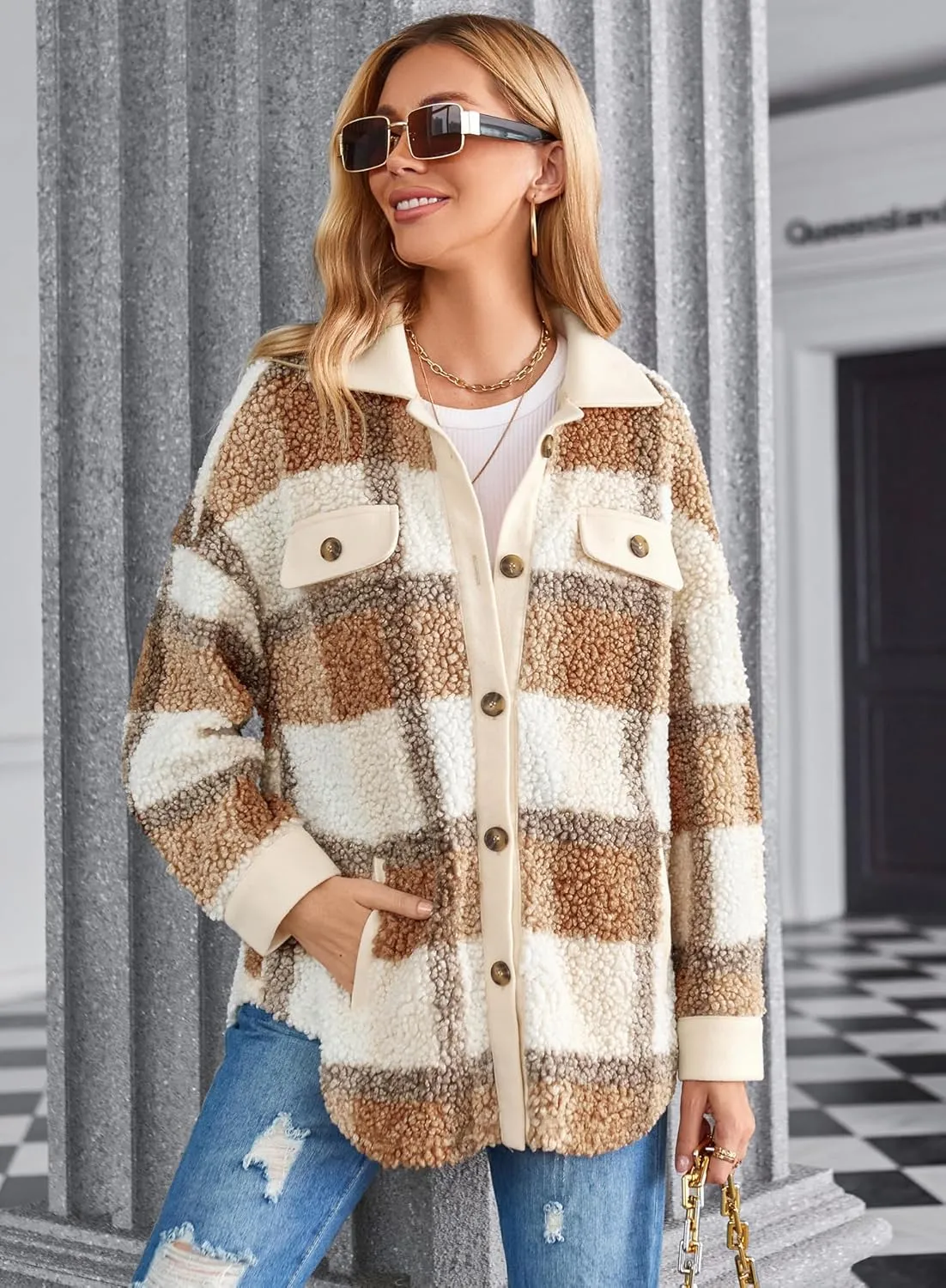 ZAFUL Women's Plaid Fleece Lined Hooded Jacket Button Up Oversized Fuzzy Coat Checkered Flannel Hoodie Jacket