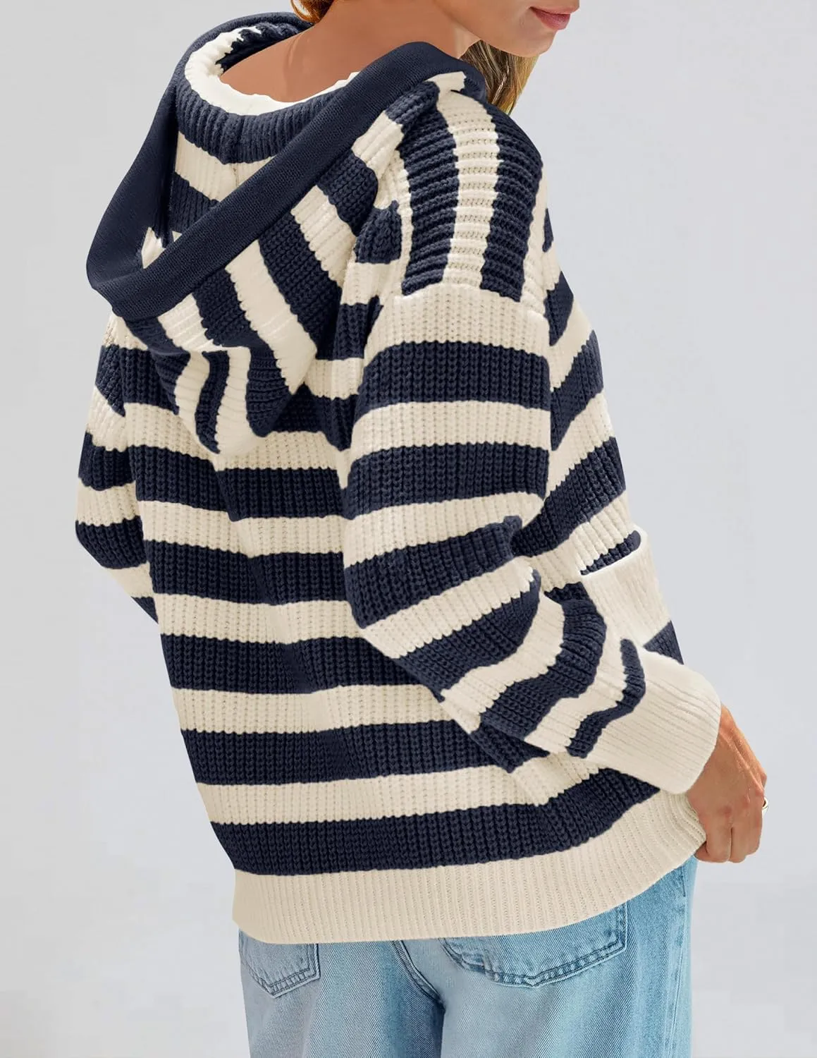 ZESICA Women's Fall Striped Sweaters 2025 V Neck Ribbed Knit Casual Oversized Pullover Hoodies Tops