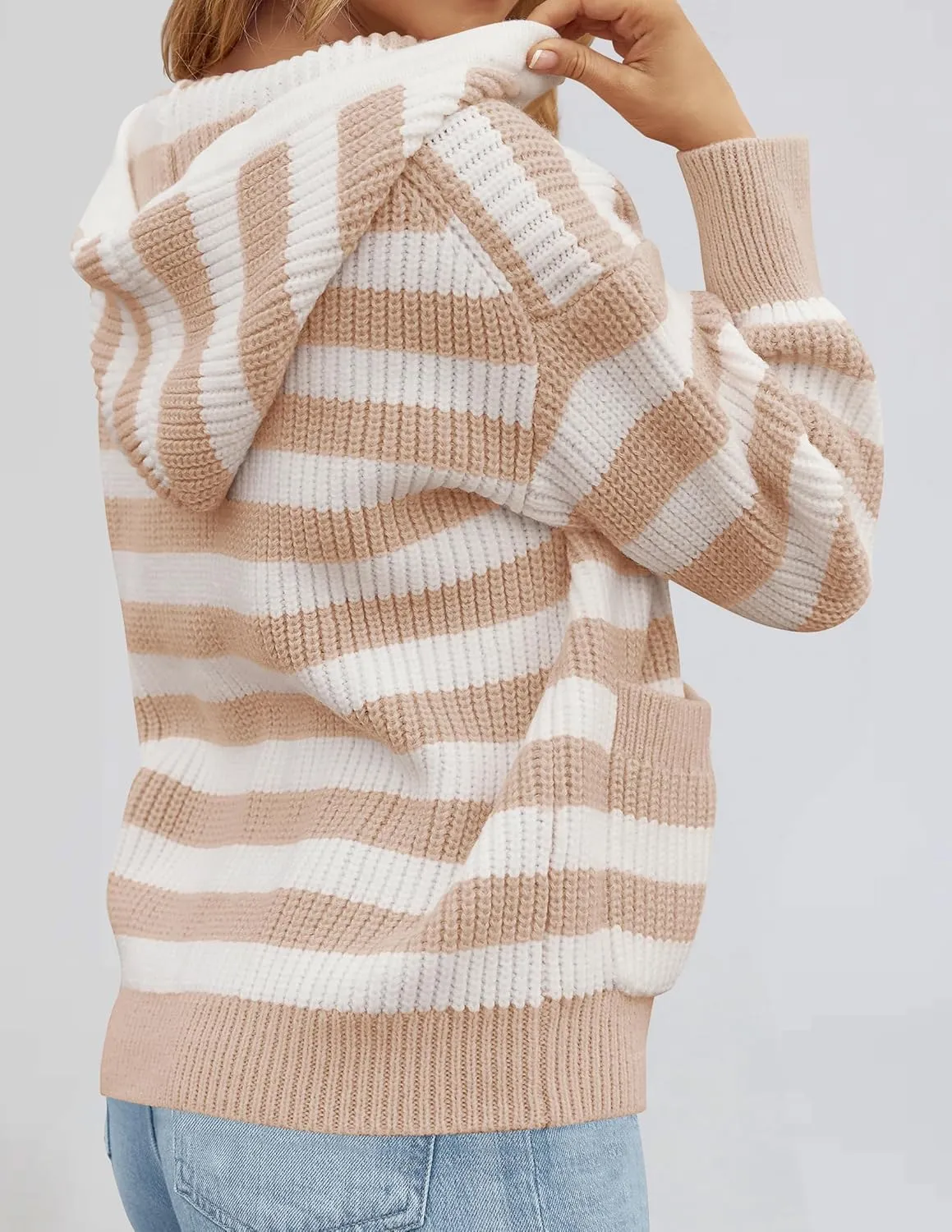 ZESICA Women's Fall Striped Sweaters 2025 V Neck Ribbed Knit Casual Oversized Pullover Hoodies Tops