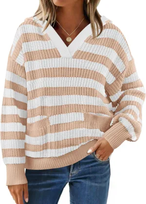ZESICA Women's Fall Striped Sweaters 2025 V Neck Ribbed Knit Casual Oversized Pullover Hoodies Tops