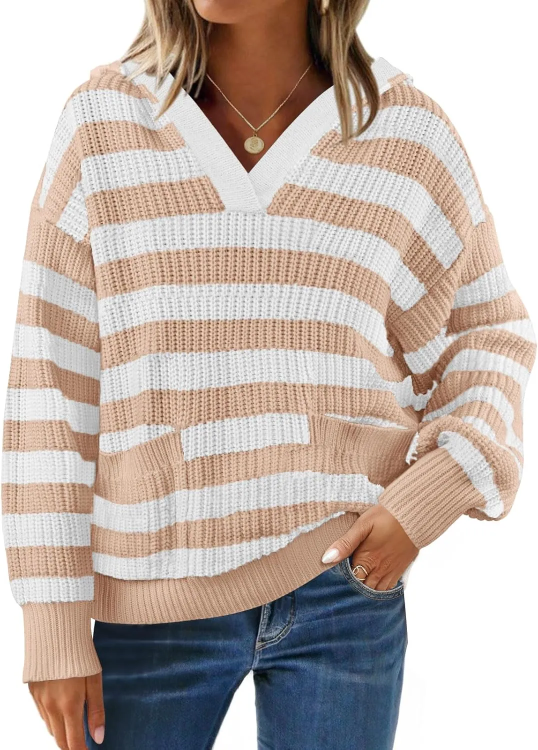 ZESICA Women's Fall Striped Sweaters 2025 V Neck Ribbed Knit Casual Oversized Pullover Hoodies Tops