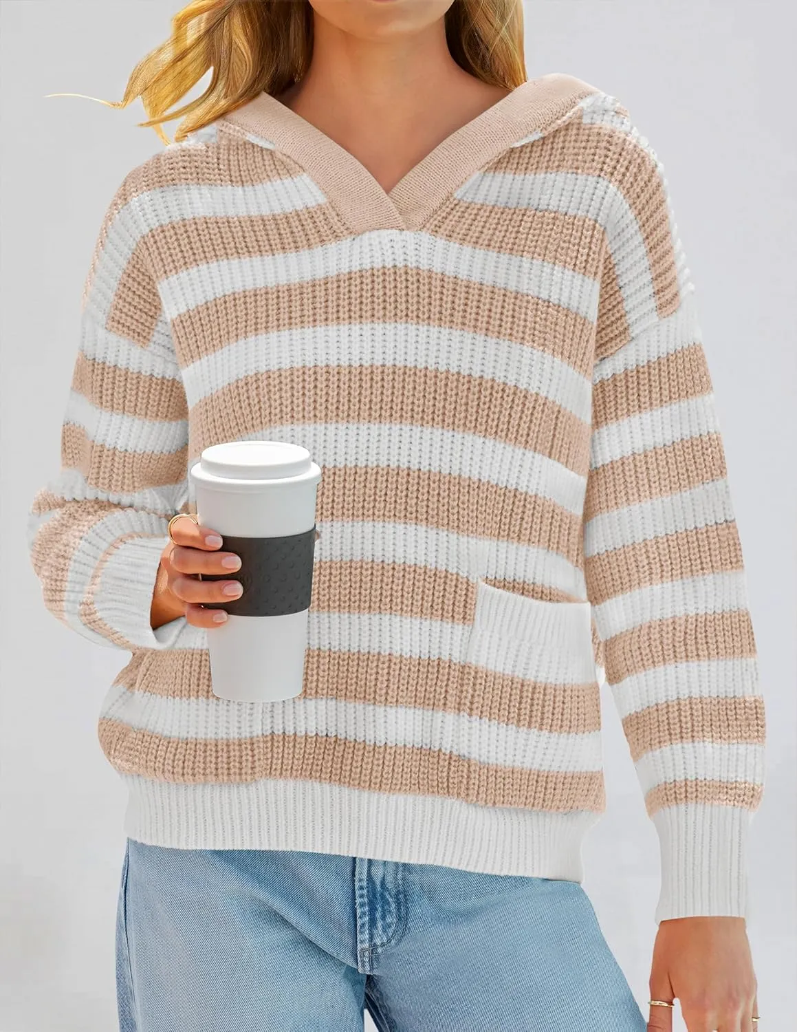 ZESICA Women's Fall Striped Sweaters 2025 V Neck Ribbed Knit Casual Oversized Pullover Hoodies Tops