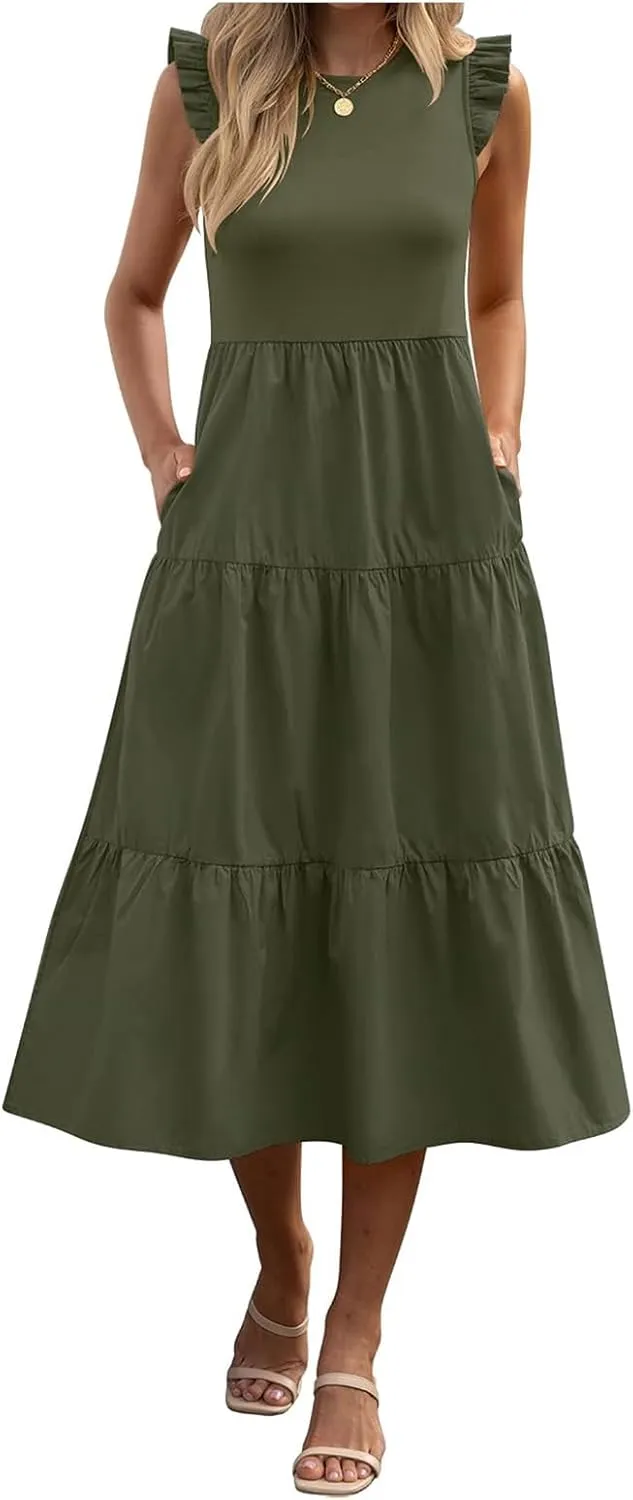 ZWRXW Dresses for Women Ruffle Cap Sleeve Summer Tunic Dress Tiered A Line Midi Dress Flowy Beach Party Dresses with Pockets