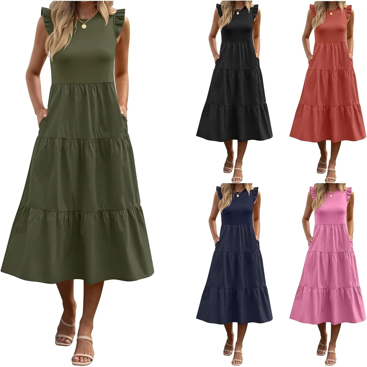 ZWRXW Dresses for Women Ruffle Cap Sleeve Summer Tunic Dress Tiered A Line Midi Dress Flowy Beach Party Dresses with Pockets