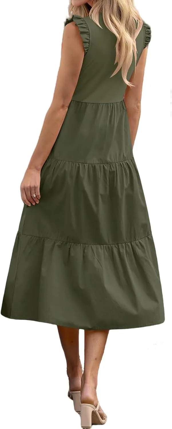 ZWRXW Dresses for Women Ruffle Cap Sleeve Summer Tunic Dress Tiered A Line Midi Dress Flowy Beach Party Dresses with Pockets