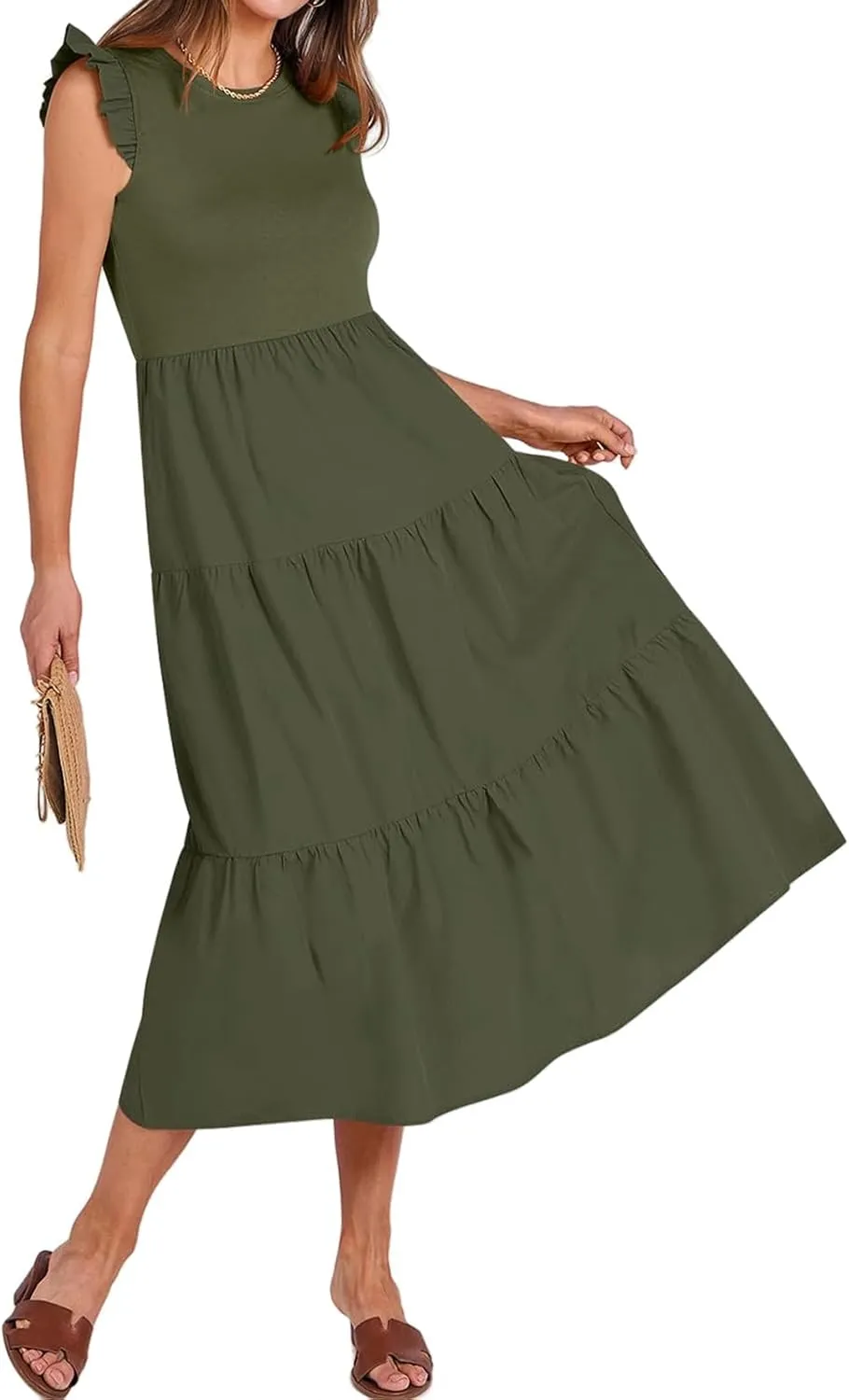 ZWRXW Dresses for Women Ruffle Cap Sleeve Summer Tunic Dress Tiered A Line Midi Dress Flowy Beach Party Dresses with Pockets